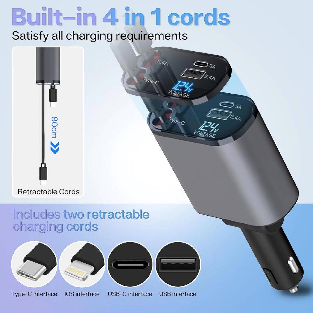 Upgraded 4 in 1 Retractable Car Charger 120W Super Fast Car Phone Charger Adapter